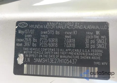 2007 Hyundai Santa Fe Limited/Se z USA, uszkodzony, nr VIN 5NMSH13E27H105437